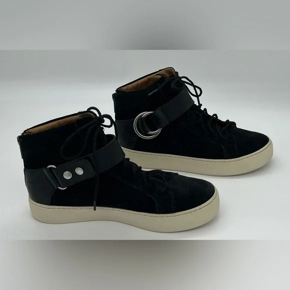 Frye Lena Harness High Top Sneakers Size 5.5 Black Suede Lace Up With Buckle - Picture 3 of 11